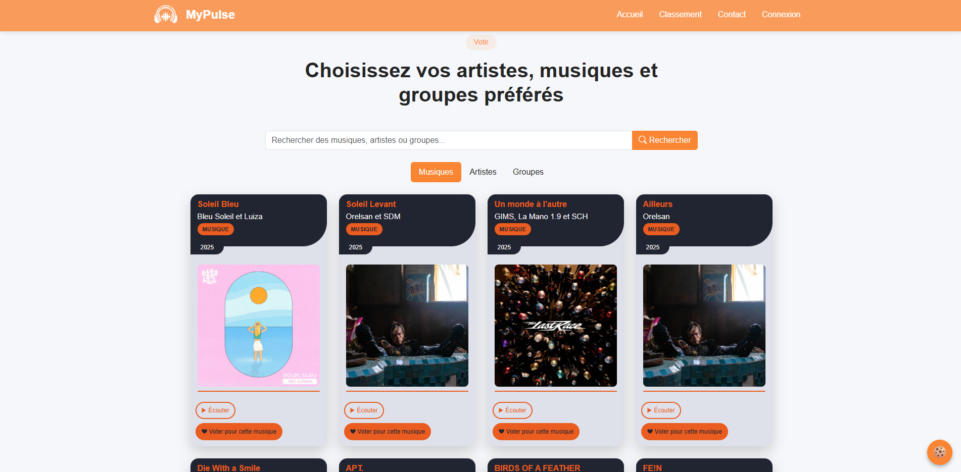 Interface MyPulse — découverte des artistes et musiques